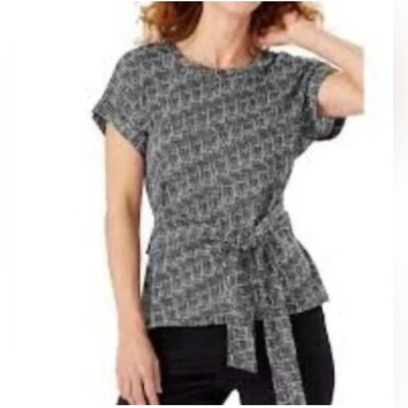 Tommy Bahama Tops - Tommy Bahama Geo Cotton Modal Wrap Waist Knit‎ Shirt Black White Office
